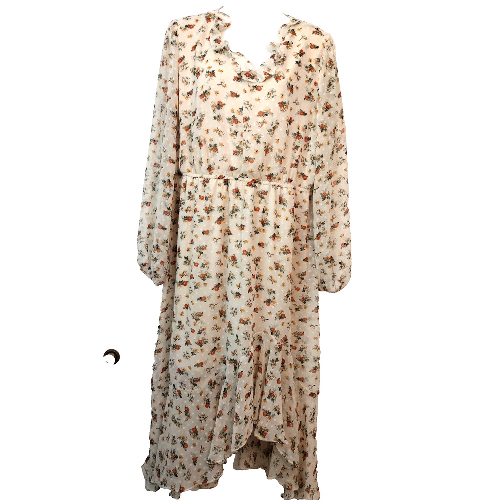 SPLASH Floral Dots Sheer Long Sleeves Ruffle Dress Ivory Green Orange Lined 14 - Picture 7 of 15